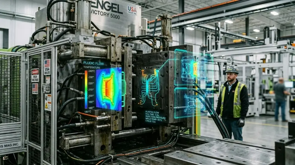 Industrial plastic injection molding machine in a modern US factory setting with digital AI overlays for mold flow analysis.