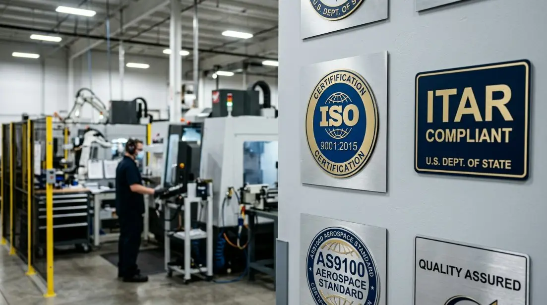 US manufacturing facility showing quality certification seals like ISO and ITAR logo on the wall.