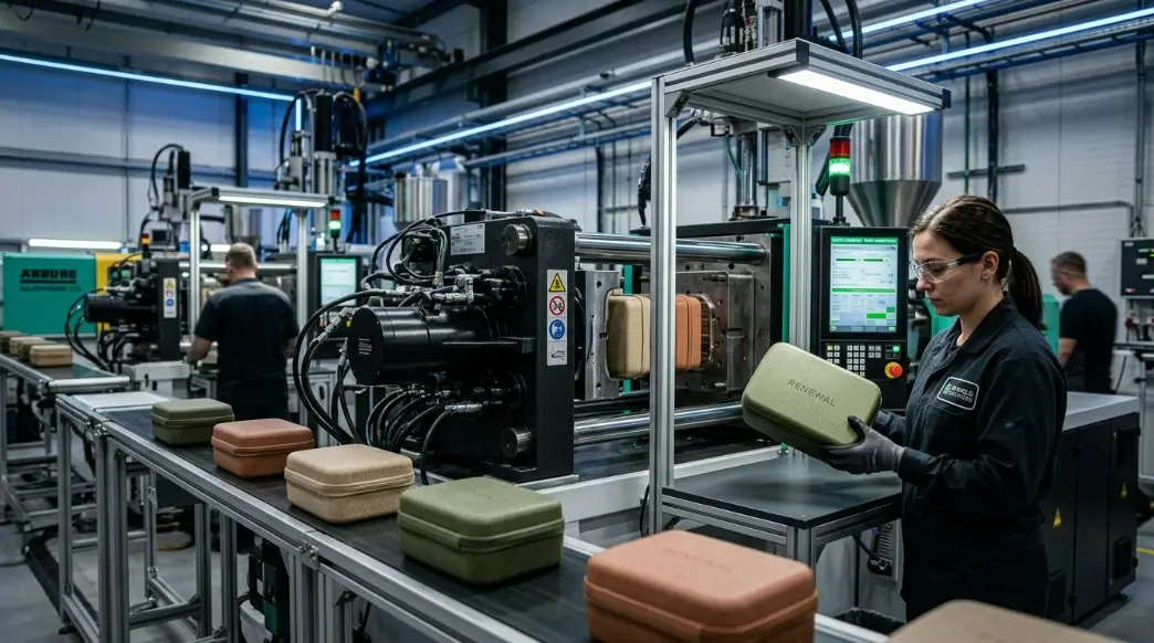 A high-tech plastic injection mold factory floor showing precision machinery producing high-end cosmetic cases with eco-friendly materials.