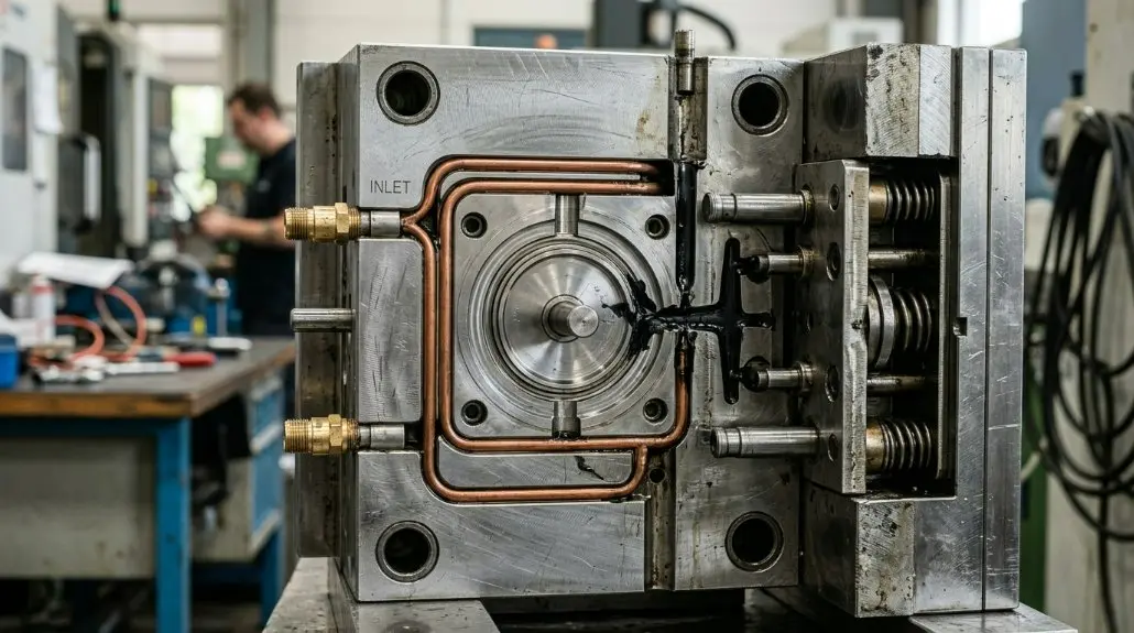 Technical cross-section diagram of a precision injection mold design for cosmetic compact cases, highlighting cooling channels and material flow.