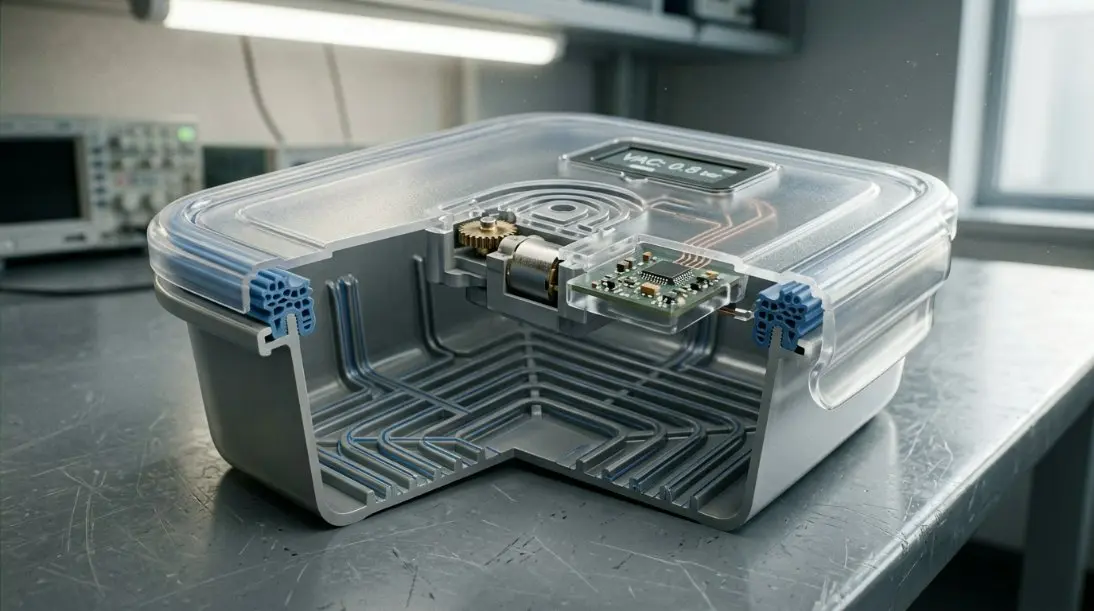 Diagram of a smart food storage container with integrated sensors and a vacuum seal mechanism, highlighting the mold design complexity.