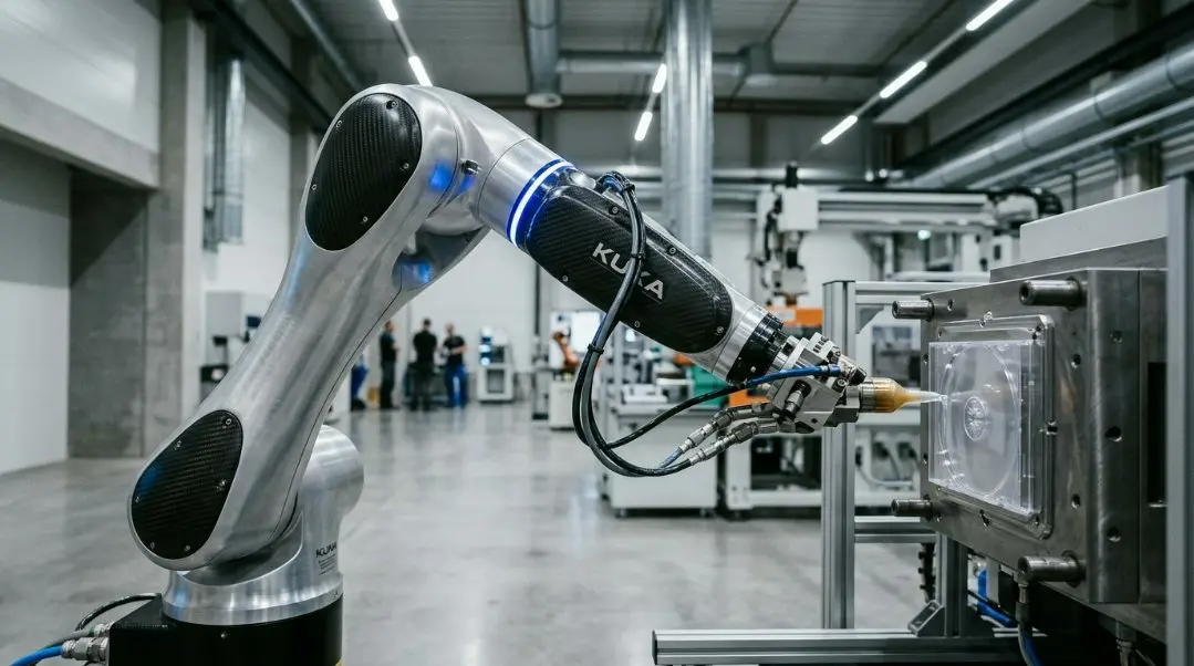 A high-tech industrial robot arm precision-injecting a bio-plastic CD case in a clean, modern factory setting with blue LED accents