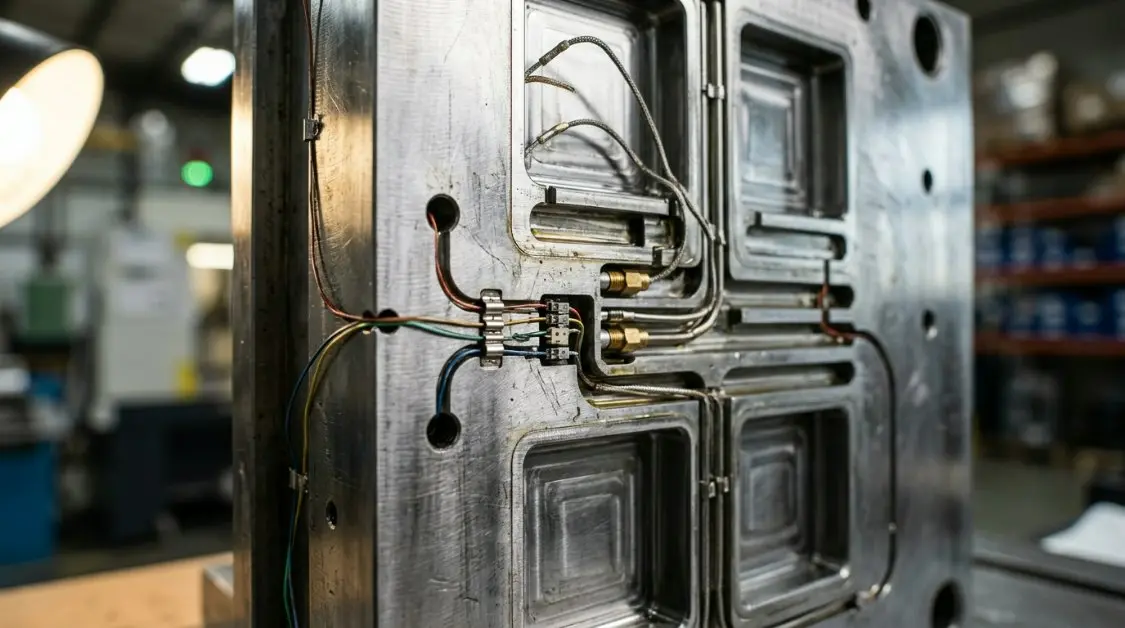 A close-up technical diagram of a high-precision multi-cavity injection mold for CD cases showing cooling channels and sensor placements