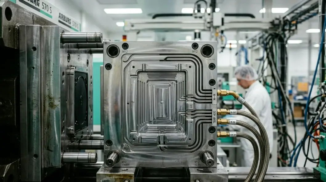 A high-tech industrial plastic injection DVD case mold with visible cooling channels and metallic finish in a clean factory environment