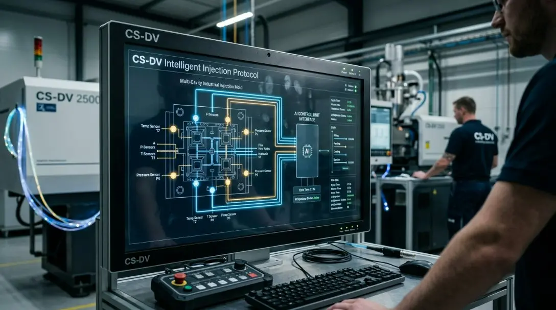 Schematic diagram of the CS-DV Intelligent Injection Protocol showing data flow between the mold sensors and an AI control unit