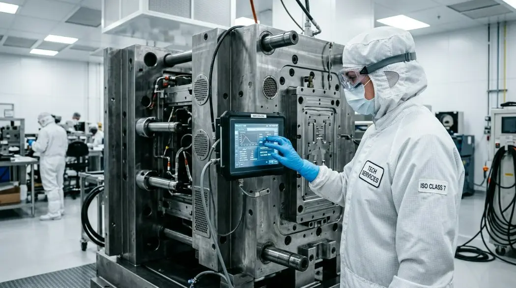 Professional technician in a cleanroom setting calibrating an injection mold with a digital interface