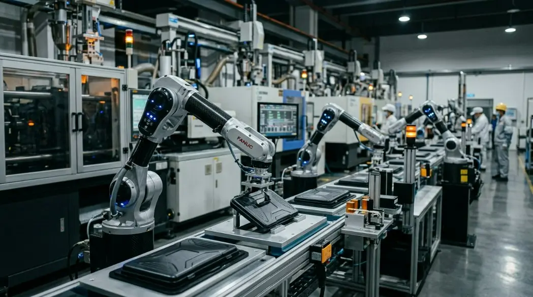A high-tech plastic injection molding facility in China with automated robotic arms assembling premium memory card cases.