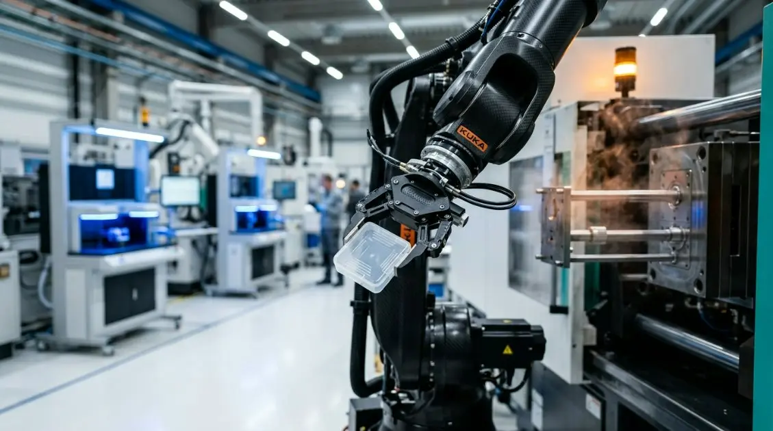 A modern, automated plastic injection molding manufacturing floor producing high-quality memory card cases with robotic arms and advanced QC stations, clean and futuristic 2026 aesthetic.