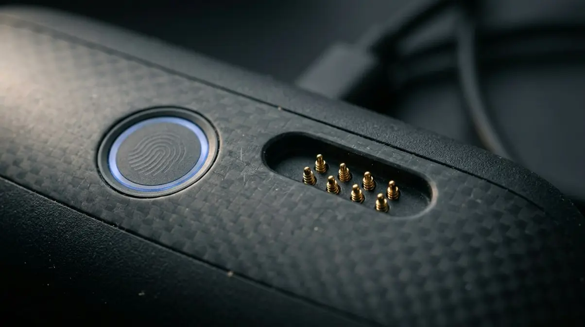 A close-up view of a high-tech smart glasses case showing the integration of biometric fingerprint sensors and high-performance charging pins.