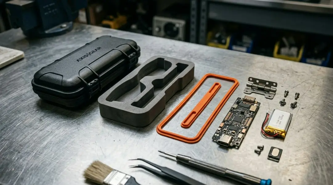 Step-by-step assembly of smart glasses case showing protective outer shell, waterproof seals, custom internal EVA foam layout, and electronic charging components.