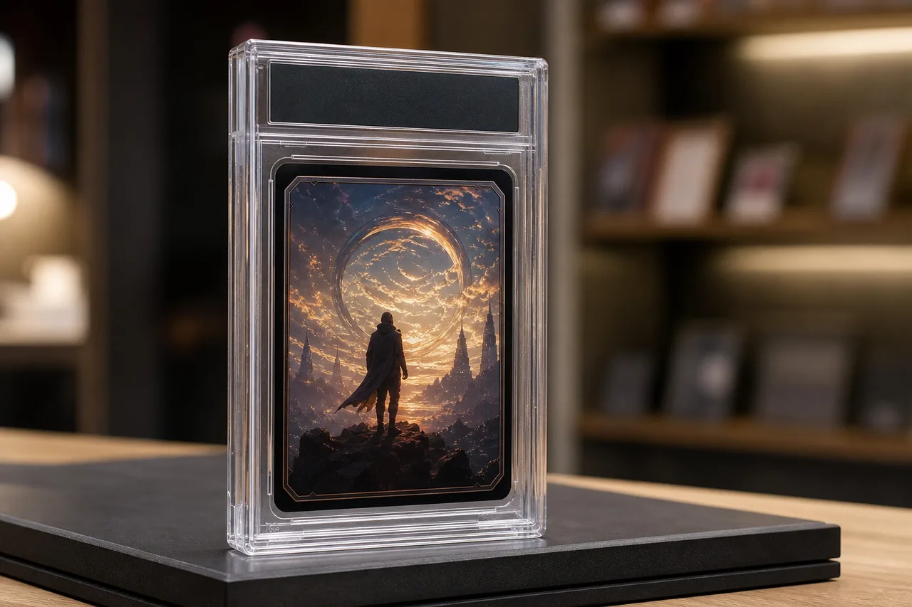 Clear CS-TCG-001 trading card slab protecting a collectible TCG card on a retail display surface